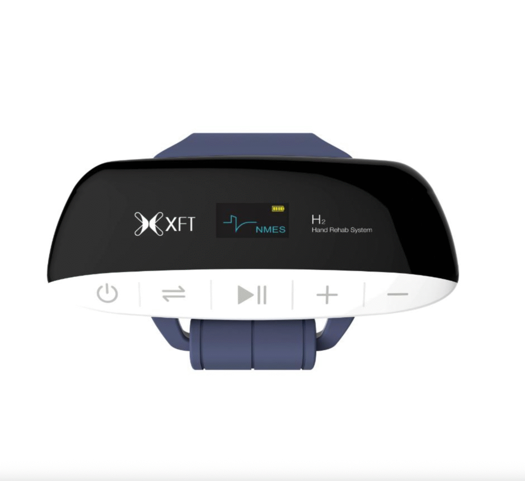 Picture of a black and white arm stimulator with a small digital screen and a blue strap
