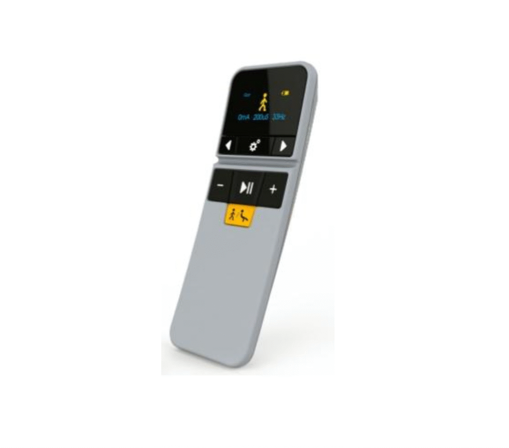 Picture of a grey and black remote control used to control a leg stimulator, on a white background